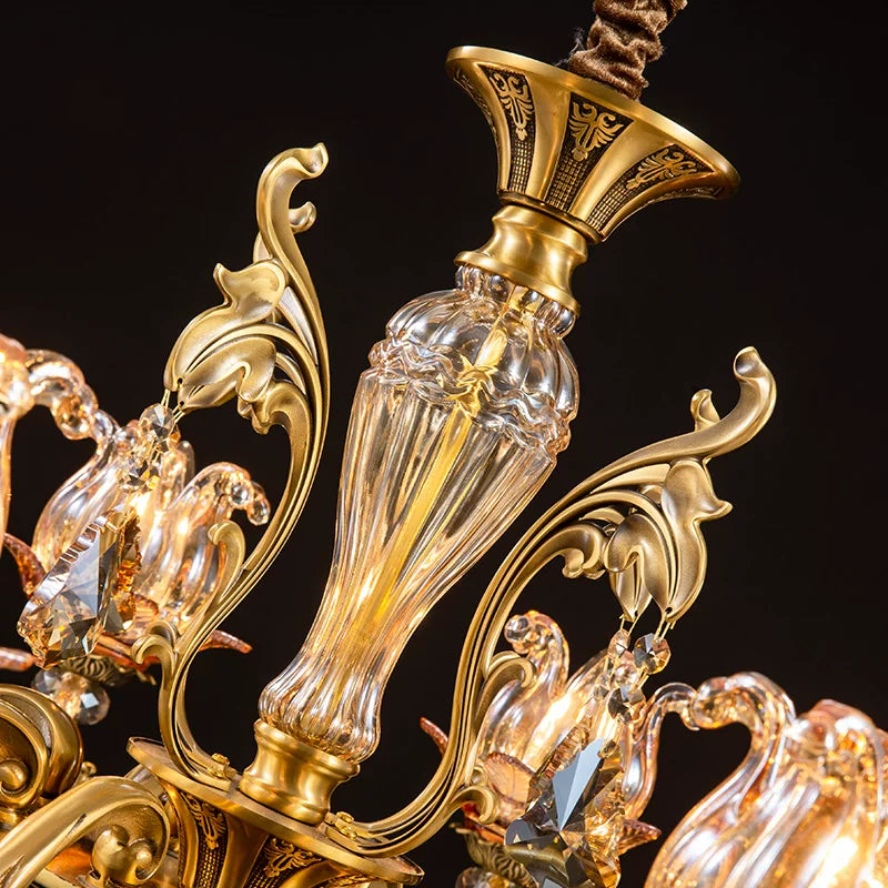 Vintage Brass Crystal Chandelier with Amber Glass Flower Shades