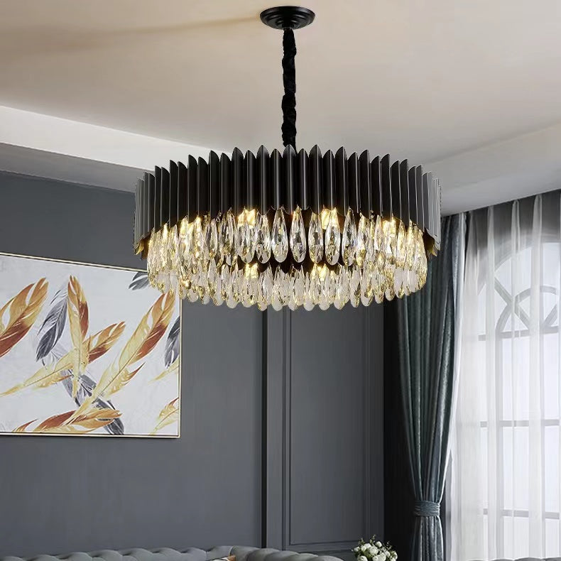 Modern Black Round Crystal Chandelier with K9 Crystals and Metal Finish for Living and Dining Room
