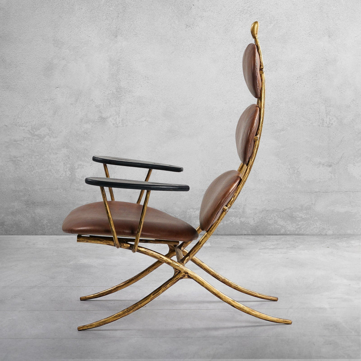 Vintage Forged High Back Brown Leather Lounge Accent Chair