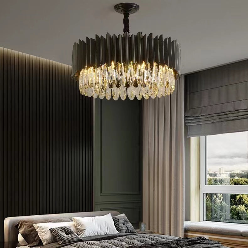 Modern Black Round Crystal Chandelier with K9 Crystals and Metal Finish for Living and Dining Room
