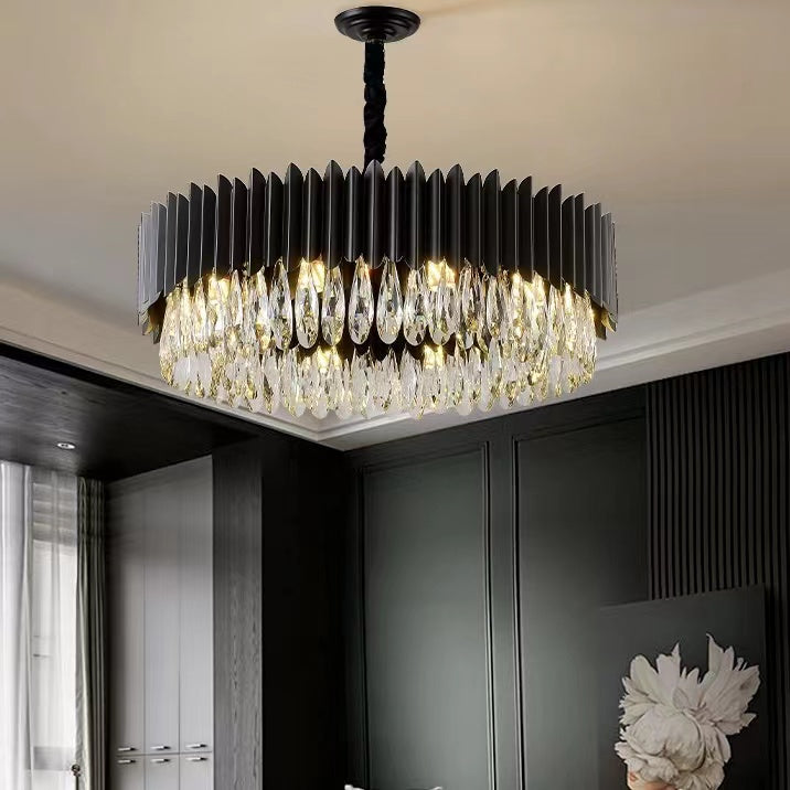 Modern Black Round Crystal Chandelier with K9 Crystals and Metal Finish for Living and Dining Room
