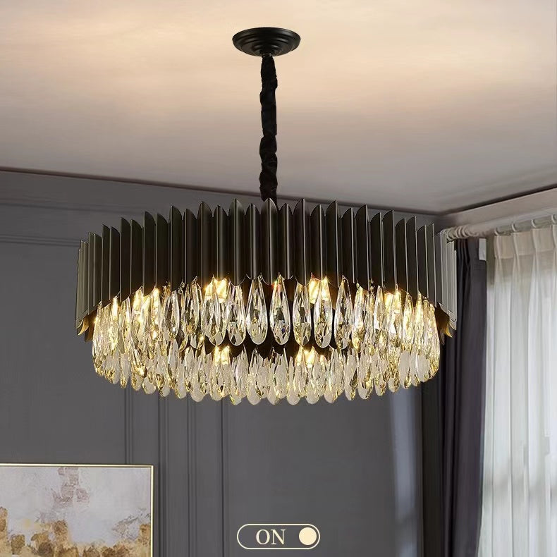Modern Black Round Crystal Chandelier with K9 Crystals and Metal Finish for Living and Dining Room