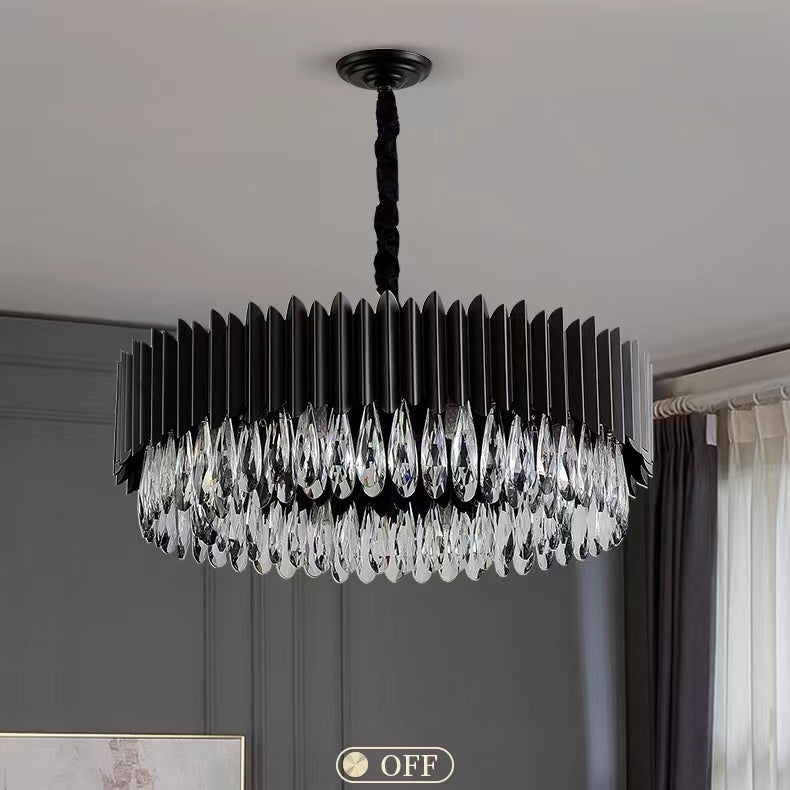 Modern Black Round Crystal Chandelier with K9 Crystals and Metal Finish for Living and Dining Room
