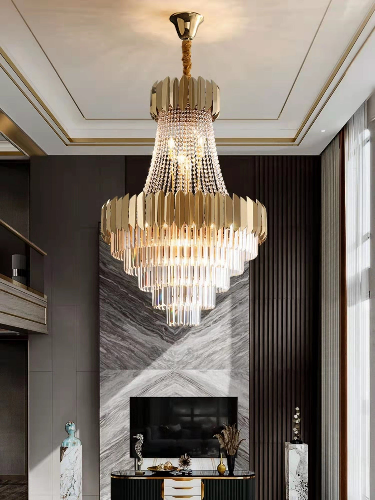 Golden Crystal Hallway Chandelier with Luxury Finish, Modern Ceiling Lamp for Living Room and Staircase