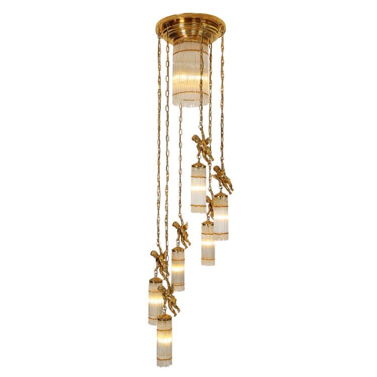 Luxury Flush Mounted 138 Inch Long Antique Brass Angels Chandelier for Staircase