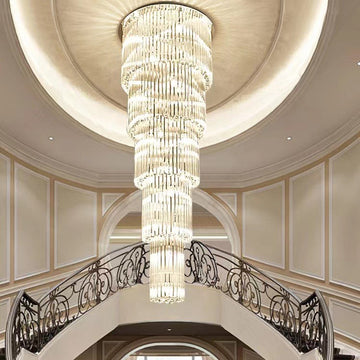 Oversized Tiered Crystal and Stainless Steel Ceiling Chandelier for Luxury Duplex and