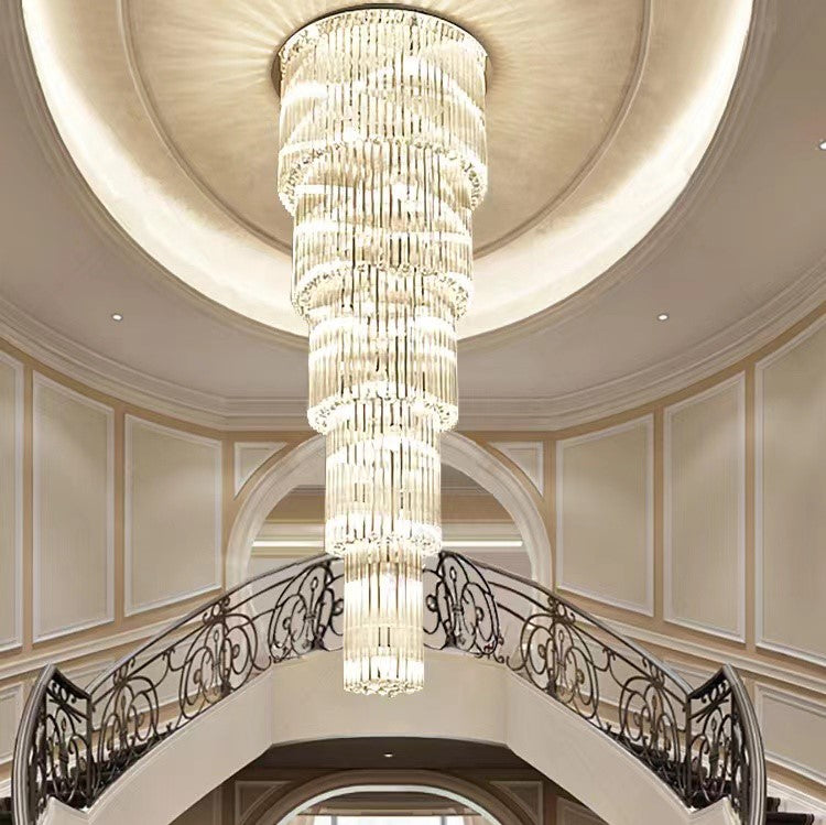 Oversized Tiered Crystal and Stainless Steel Ceiling Chandelier for Luxury Duplex and