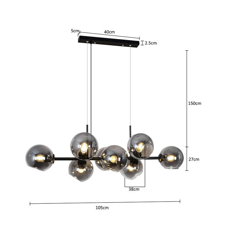 Modern Linear Smoky Gray Glass Globe Shade Chandelier with Painted Iron Finish for Dining Room and Kitchen