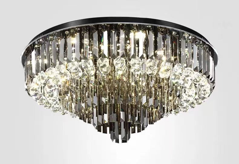 Smoke Gray Crystal Round Flush Mount Chandelier Light Luxury Finish