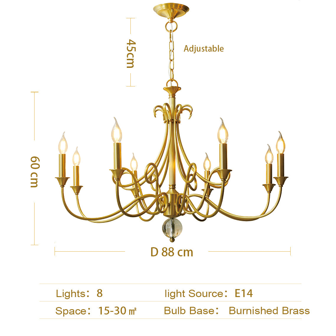 Candle Light Chandelier|farmhouse Ceiling Fixtures|natural Brass E14 Adjustable Length
