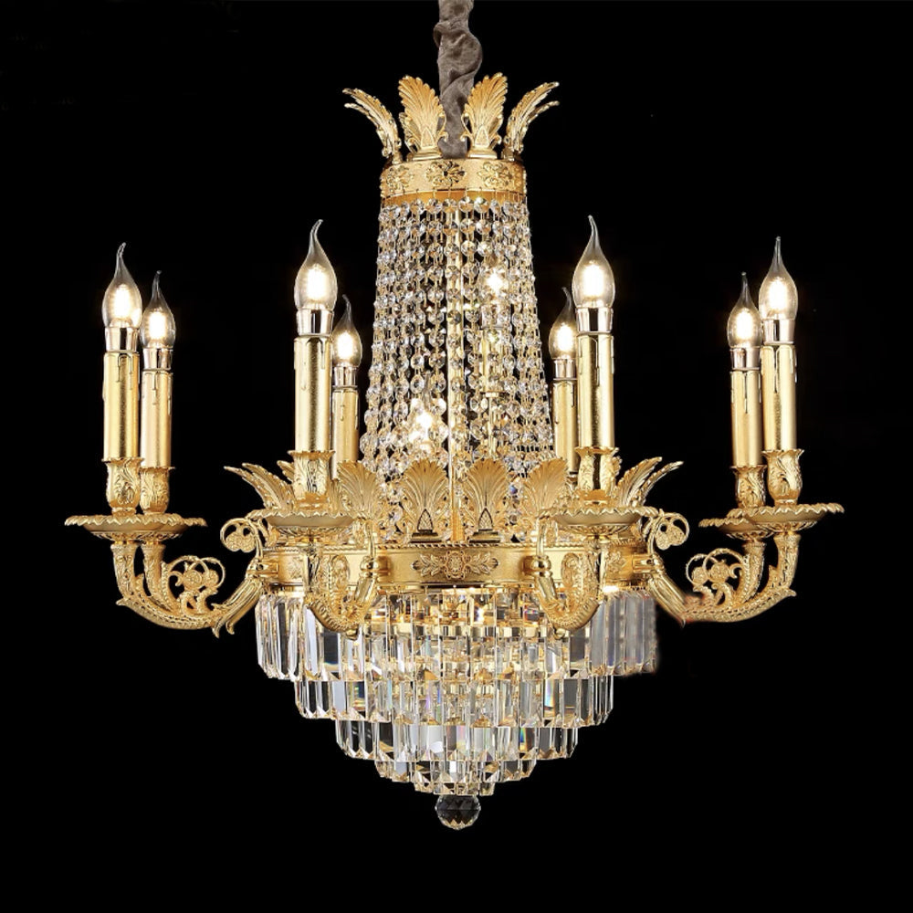 Luxury Empire Multi-Tiered Candle Crystal Chandelier with Gold Finish, High-Quality K9 Crystal and Brass