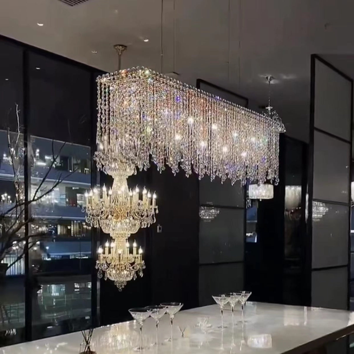Rectangle Tassel Crystal Chandelier for Dining Room Kitchen Island