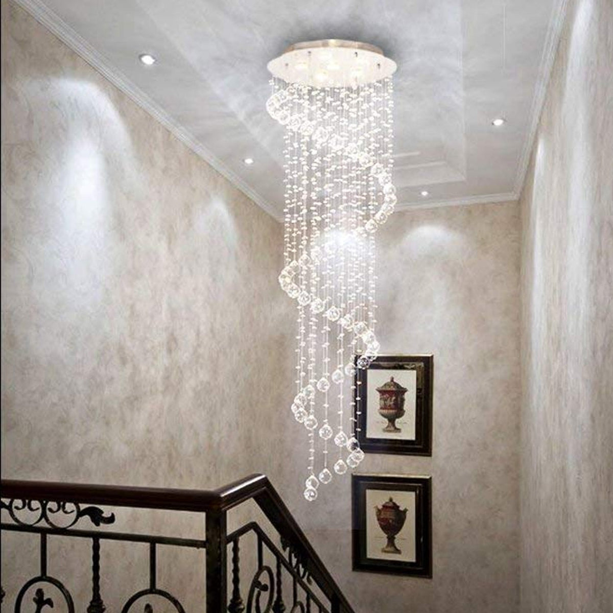 Extra Large Modern Round Spiral Raindrop Chandelier with K9 Crystal Finish for Entryway
