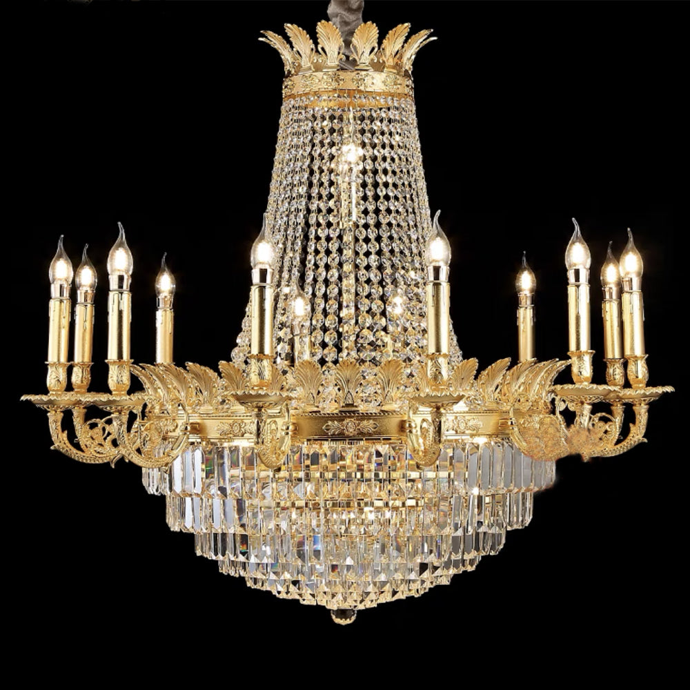 Luxury Empire Multi-Tiered Candle Crystal Chandelier with Gold Finish, High-Quality K9 Crystal and Brass