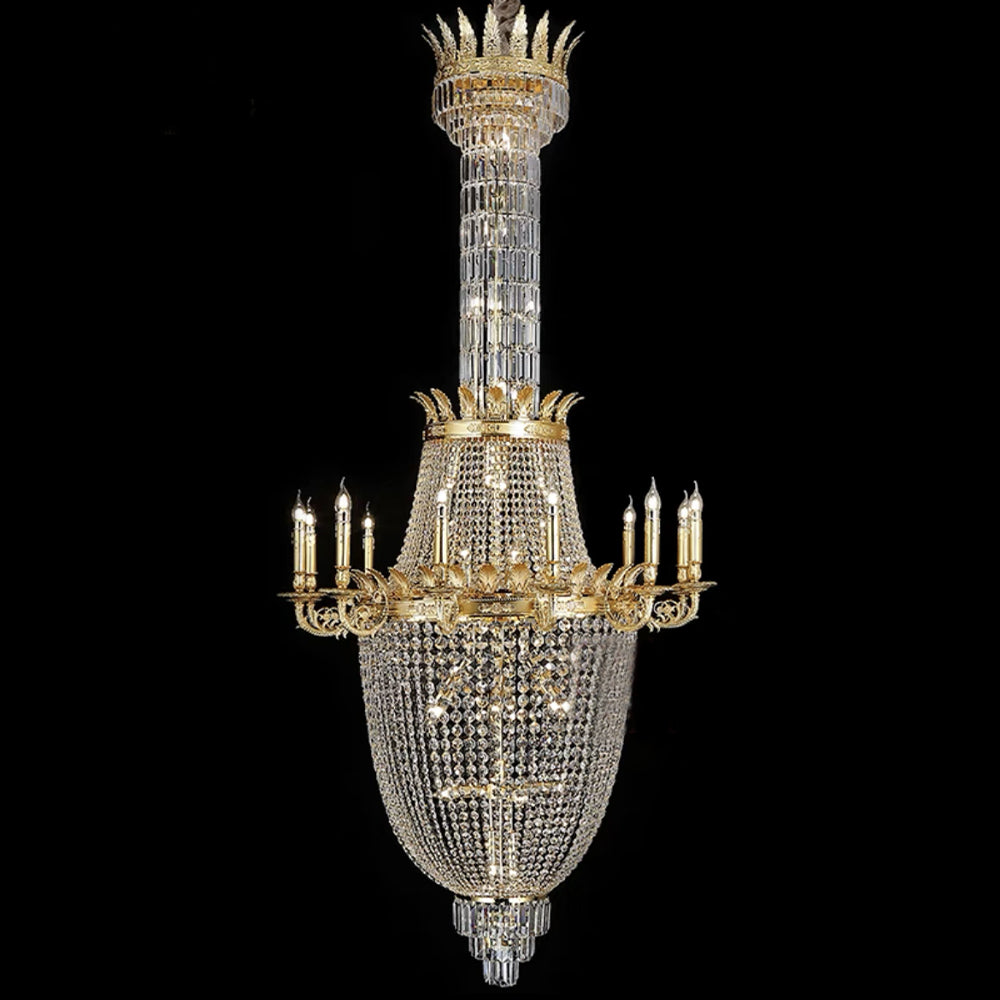 Luxury Empire Multi-Tiered Candle Crystal Chandelier with Gold Finish, High-Quality K9 Crystal and Brass