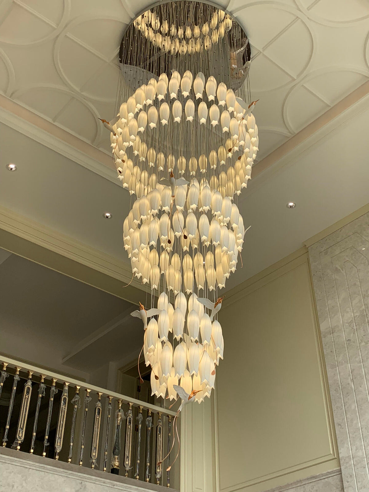 Modern Elegant Floating Glass Flower Chandelier with Ceramic Hummingbird Accents