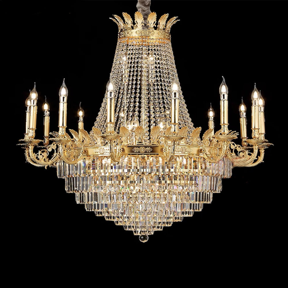 Luxury Empire Multi-Tiered Candle Crystal Chandelier with Gold Finish, High-Quality K9 Crystal and Brass