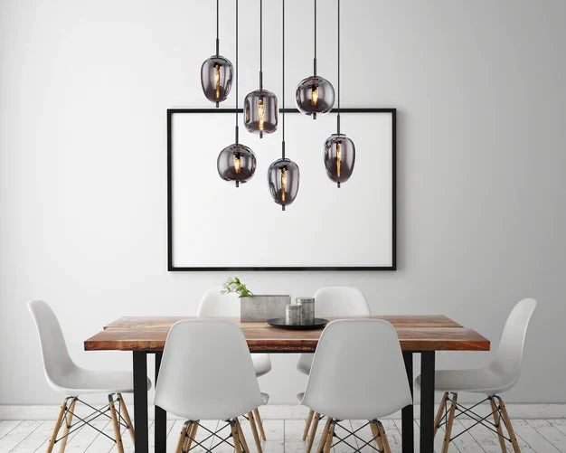 Modern Rectangular Smoky Gray Glass and Metal Chandelier for Dining Room & Kitchen Island
