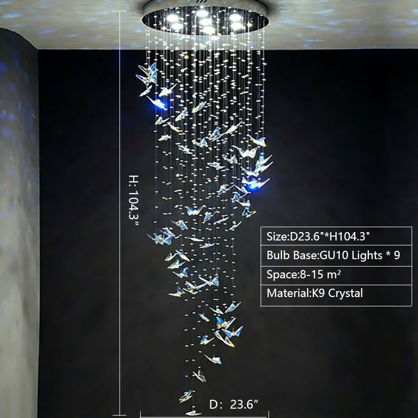 Northern European Style K9 Crystal Floating Butterfly Chandelier for High-Ceiling