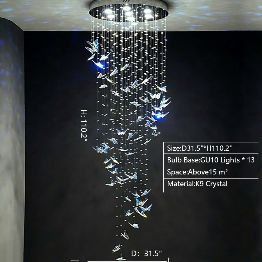 Northern European Style K9 Crystal Floating Butterfly Chandelier for High-Ceiling