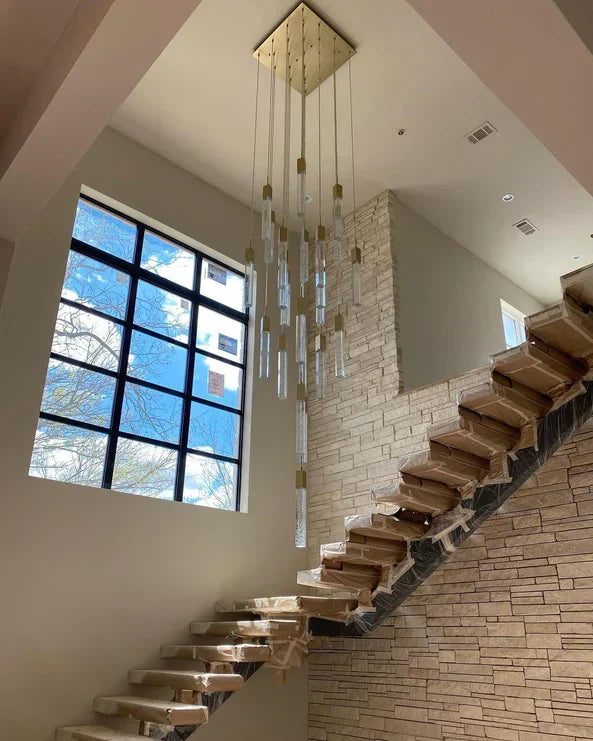 Modern Crystal Stick Chandelier with Glacier Bubble Design in Gold, Chrome, and Black Finish - High-Quality
