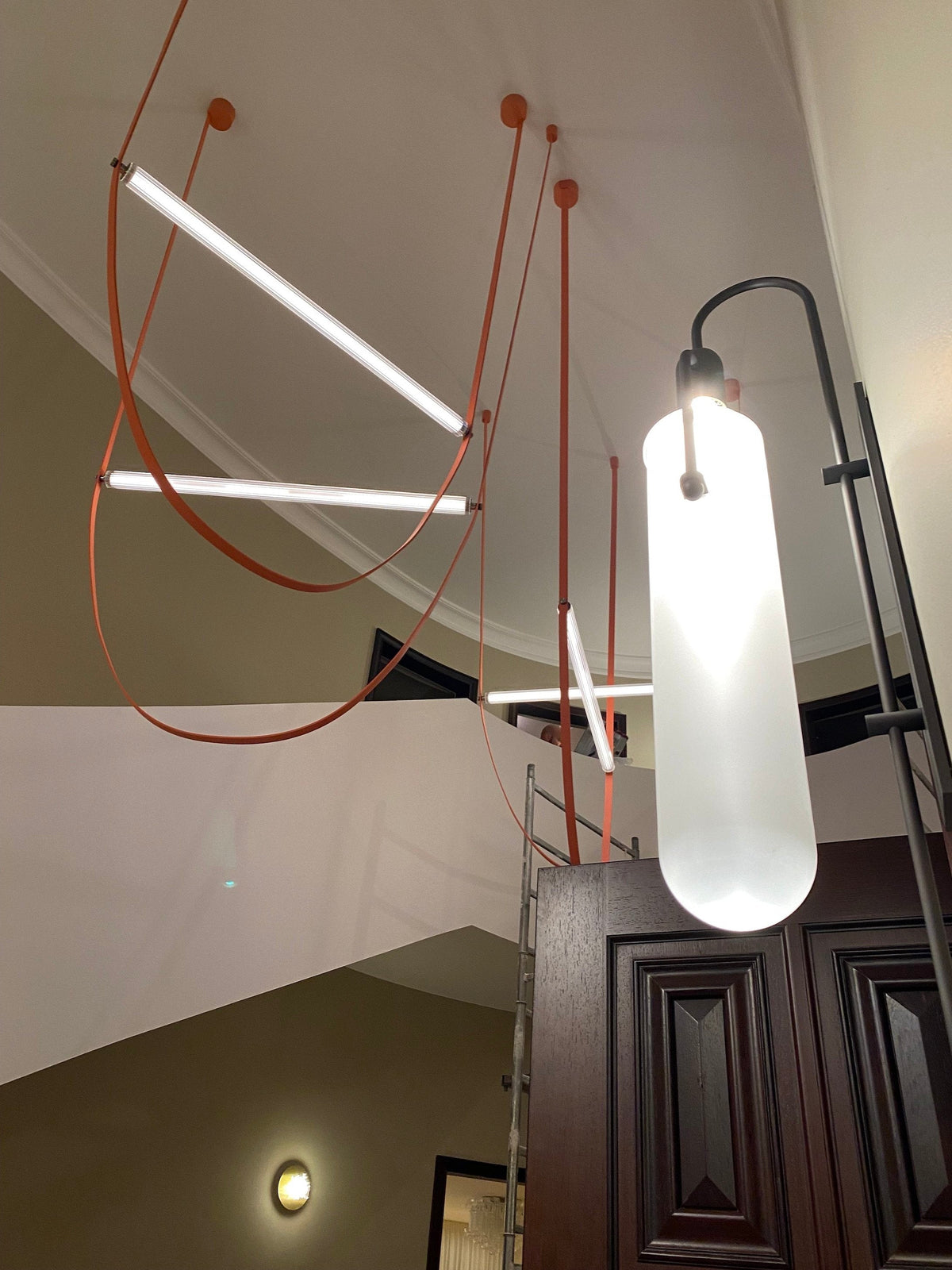 Designer U-Shaped LED Chandelier with Glass Tube, Leather Cable & Satin Stainless Steel Finish