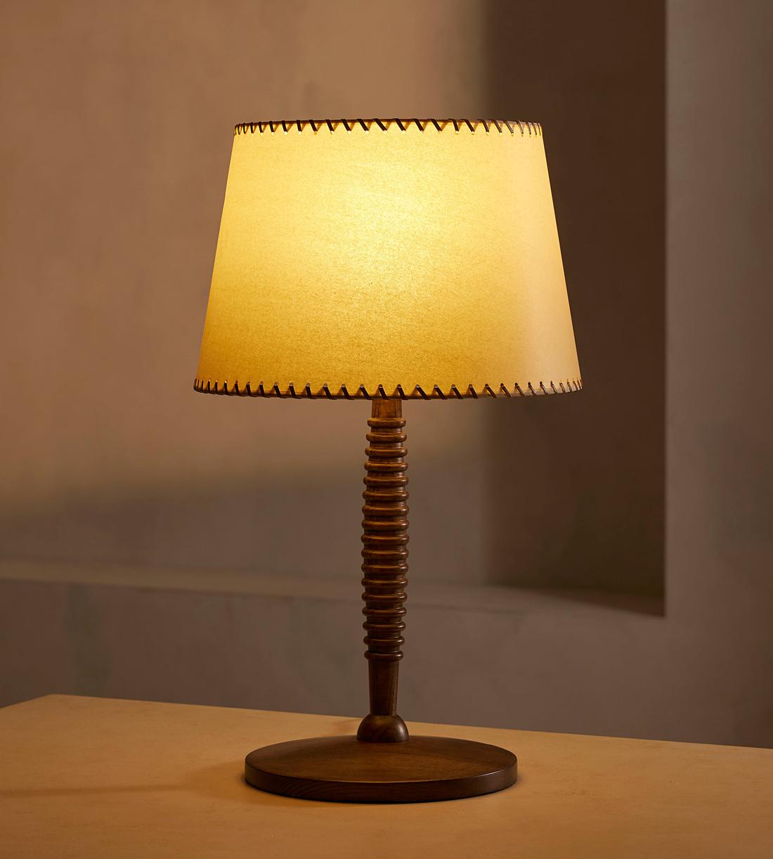Oak Table Lamp with Stitched Parchment Shade - Erhaus product image 2