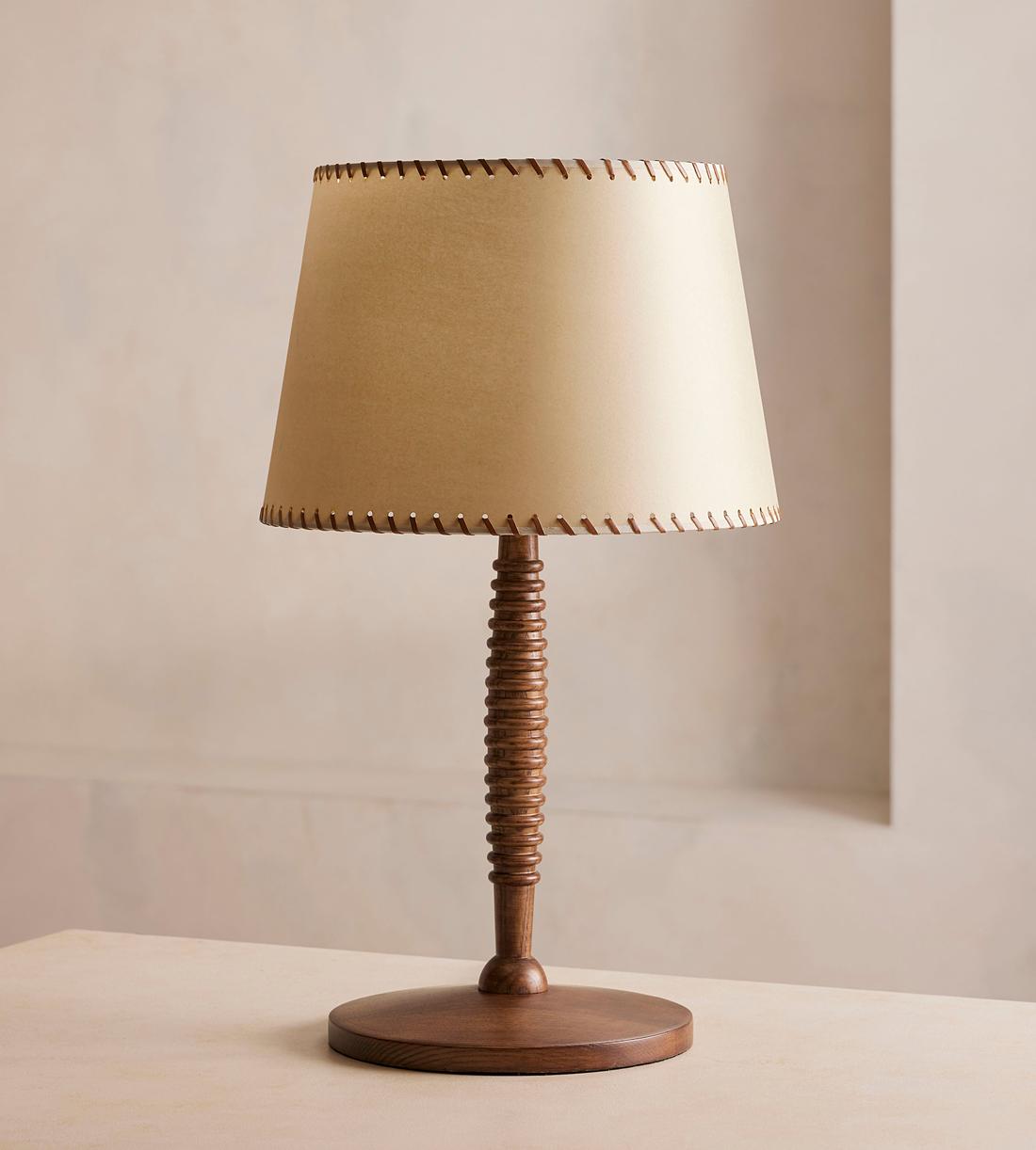 Oak Table Lamp with Stitched Parchment Shade - Erhaus product image 1