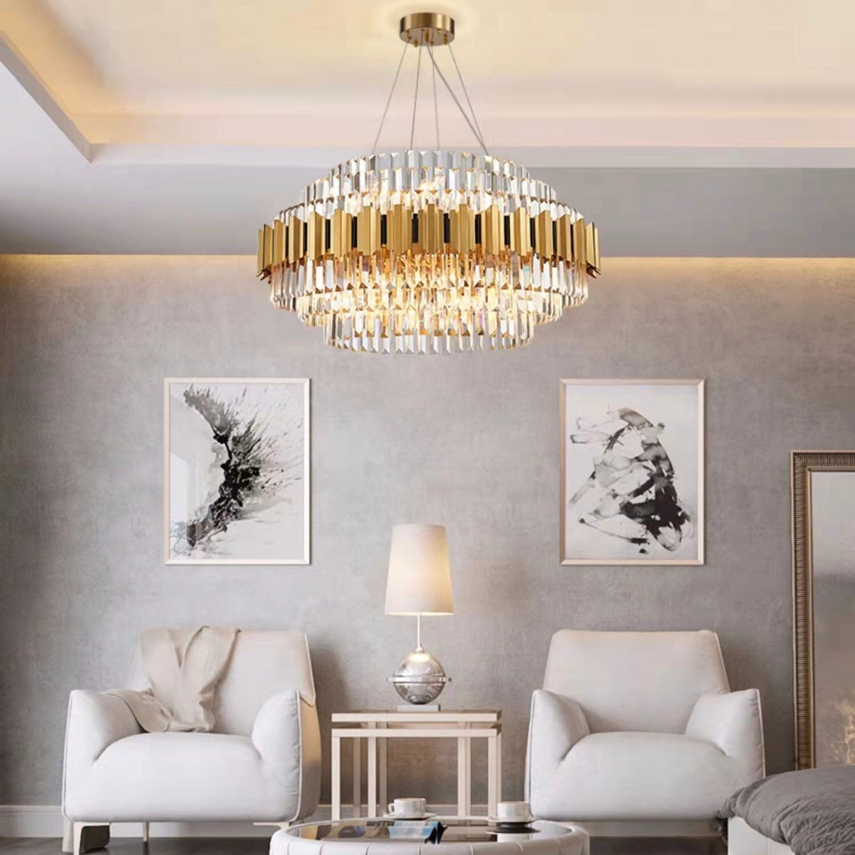 Modern Round Crystal Chandelier with Gold and Black Finish – High-Quality Crystal and Metal