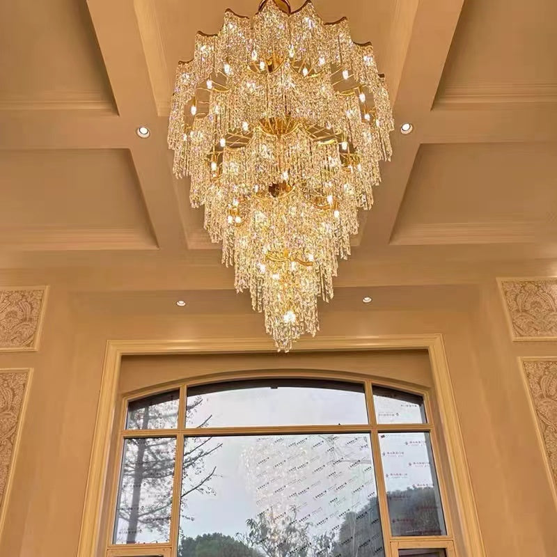 Oversized European Multi-Layers Golden Luxury Crystal Chandelier Villa / high-Ceiling / foyer