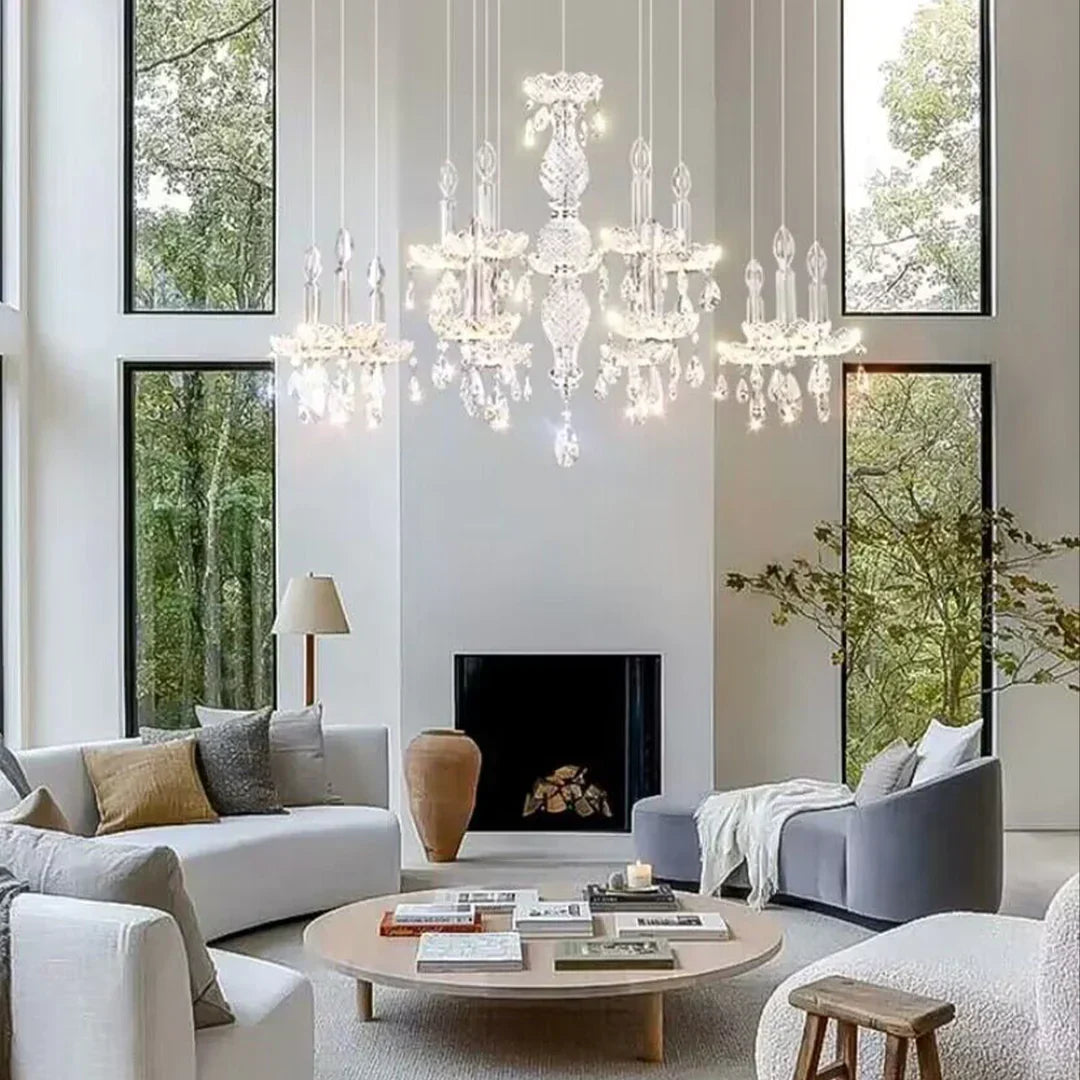 French Romantic Crystal and Glass Candle Chandelier Pendant Light with Metal Finish for Living Room Dining