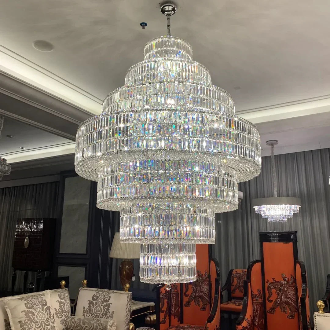 Multi Tiered Round Crystal Chandelier in Chrome for Living Room / duplex / staircase / entryway