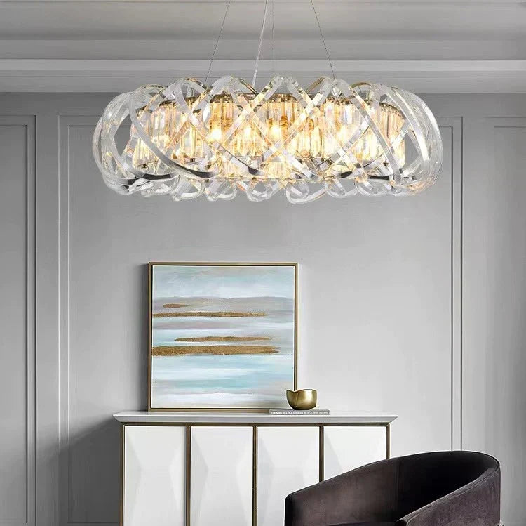 Modern Crystal Chandelier with Transparent Crossed Shell Finish, Round & Rectangle Shapes, K9 Crystal &