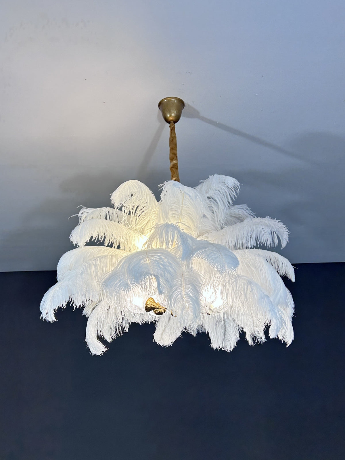Elegant Ostrich Feather Brass Living Room Chandelier Pure Copper Ceiling Lighting for Women's Bedroom