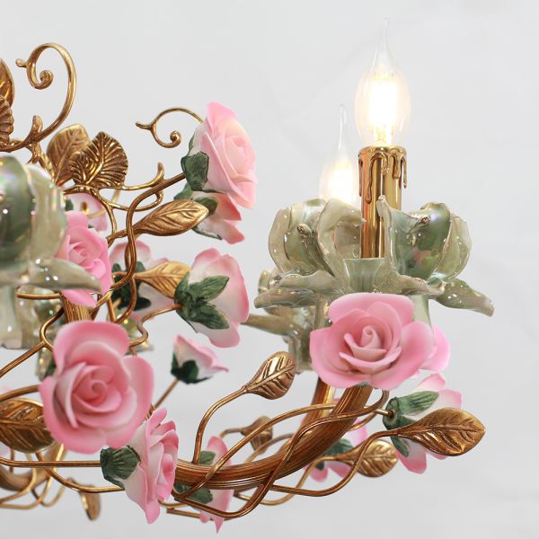 31X24 Inch 6 Lights Brass Chandelier and Green & Pink Porcelain Flower Chandelier