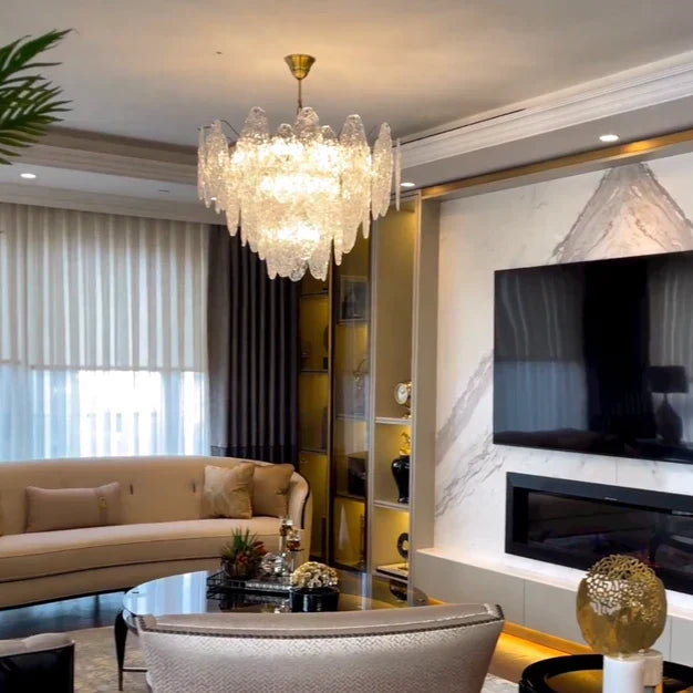 Handmade Modern Glass Chandelier with Gold-Finished Metal, Round and Rectangle Shapes