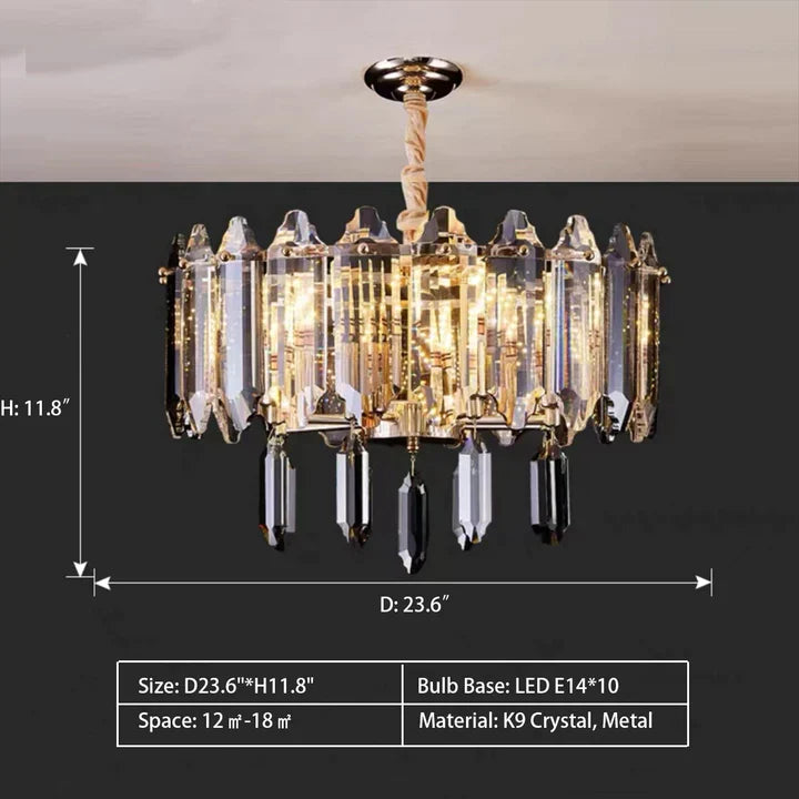 Modern Transparent Crystal and Gold Chandelier with Oval Slices, Round & Rectangle Shapes, High-Quality Finish