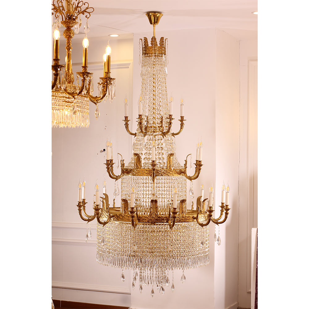 Grand 49'' W x 79'' H Three Tier French Empire Chandelier – Antique Brass & Crystal for Foyer Double Height Ceiling Living Room