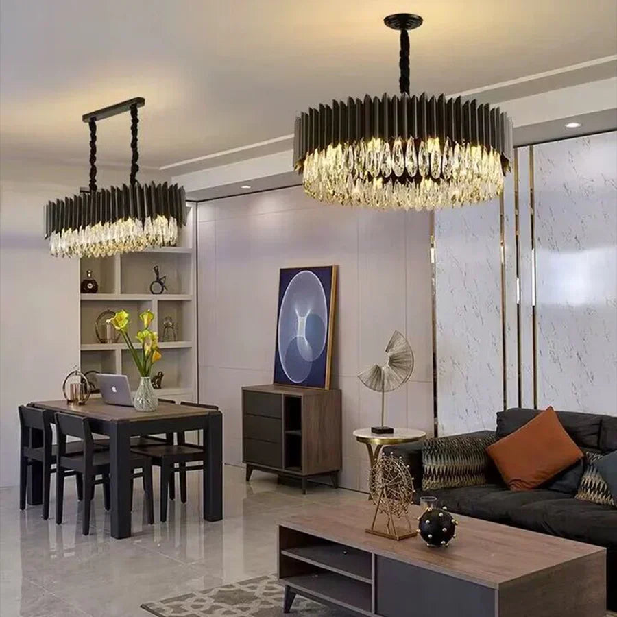 Modern Black Round Crystal Chandelier with K9 Crystals and Metal Finish for Living and Dining Room
