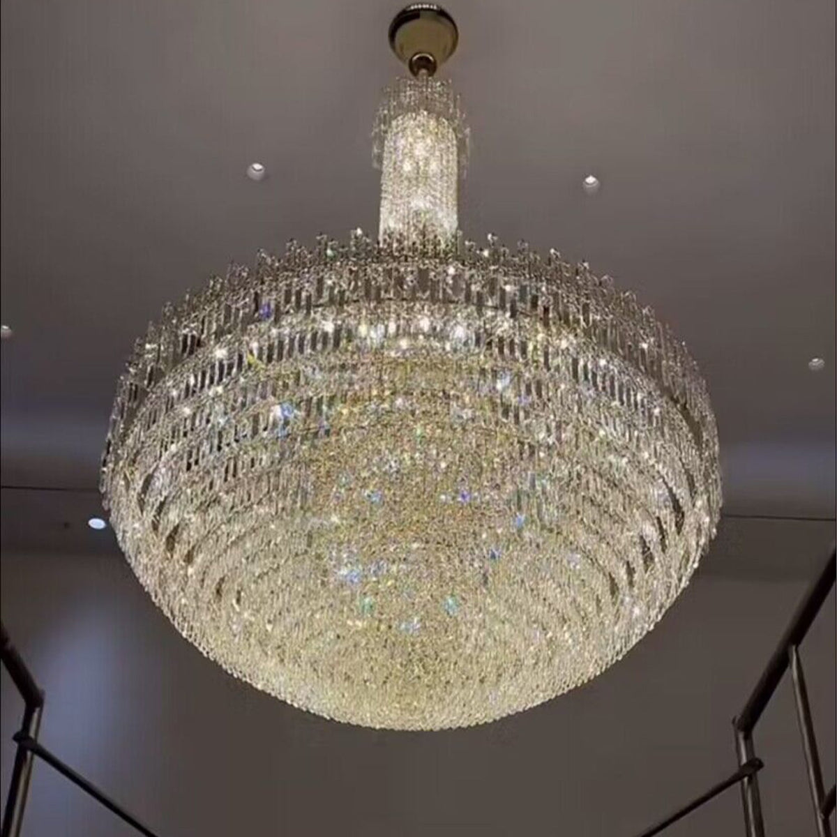 Luxury Oversized Gold Finish Round Crystal Pagoda-Inspired Chandelier for Foyer Staircase Hallway Entryway