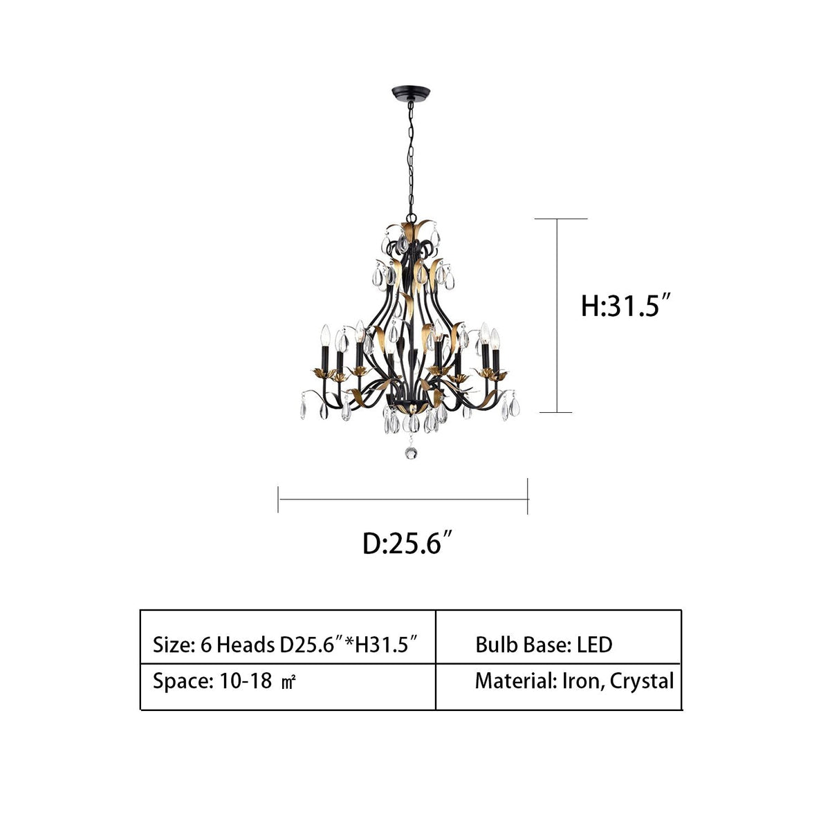 Large European-Style Iron Cascading Candle and Crystal Pendant for Living / Dining Room
