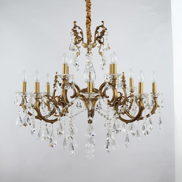 37X31 Inch 12-Light Candle Style Antique Brass Crystal Chandelier – Ideal for Dining Room & Foyer High Ceilings