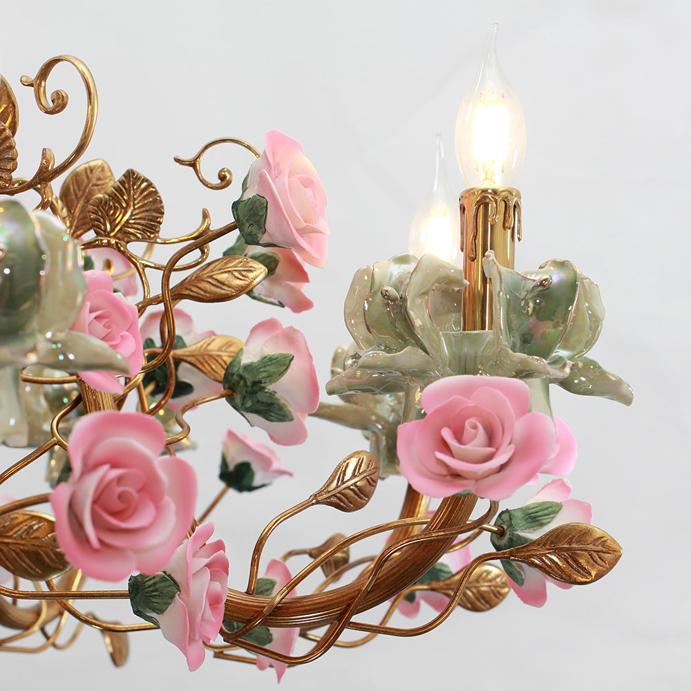35X24 Inch 8 Lights Brass Chandelier and Green & Pink Porcelain Flower Chandelier