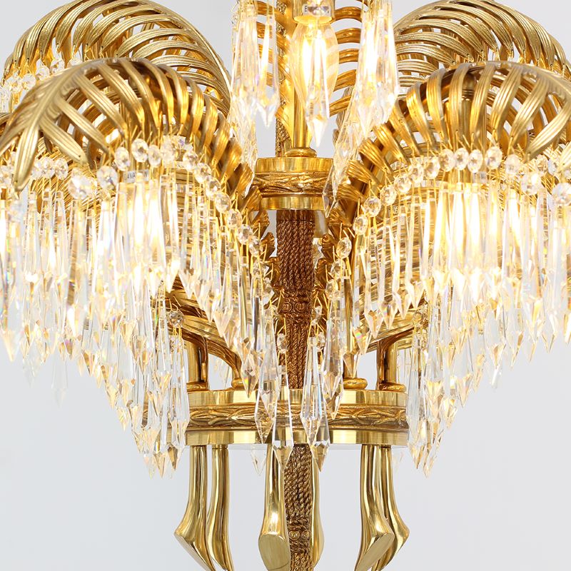 30 Inch Wide 2-Layer Palm Tree Brass and Crystal Chandelier Light