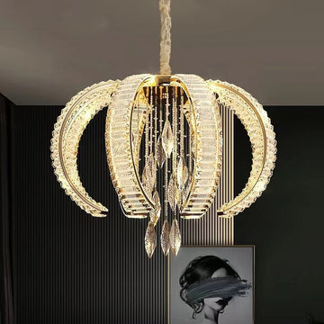 Luxury K9 Crystal Pendant Chandelier with Curved Vacuum Plating Finish, Unique Lantern Shape for Living Dining
