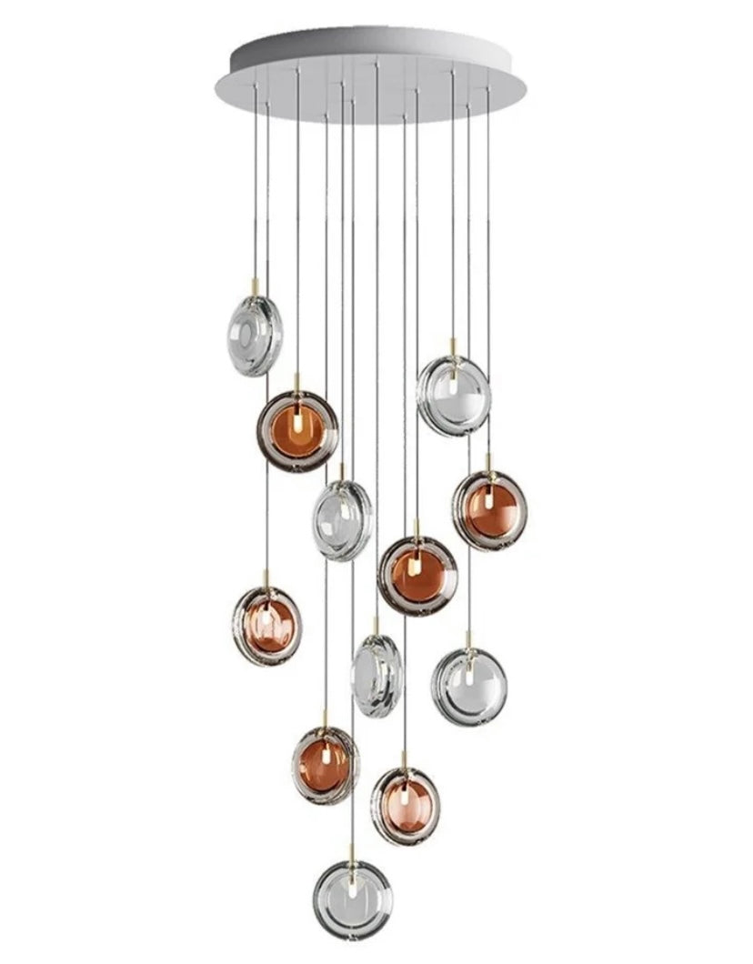 Multi-Colored Round Glass and Metal Suspension Light Chandelier