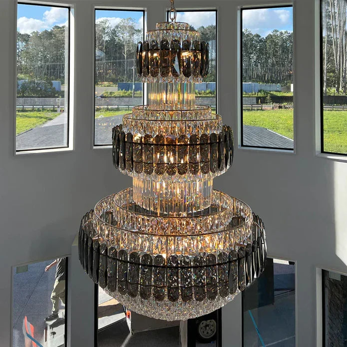 Golden Era Grand Cascade Round Chandelier with Smoky Gray & Clear K9 Crystal Finish for High Ceilings