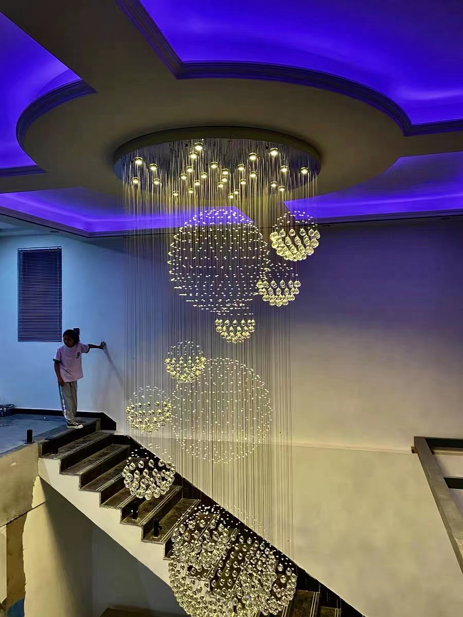 K9 Crystal Raindrop Globe Spiral Chandelier for Entryway and Staircase