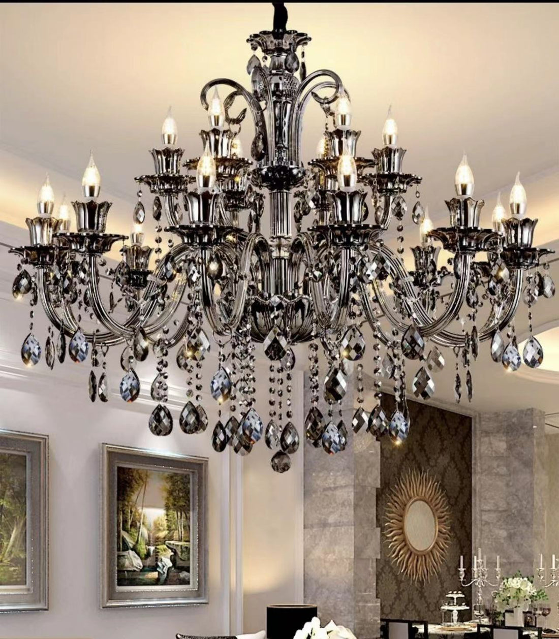 Oversized Modern Vintage Crystal Chandelier with Electronic Candle & Curved Arm & Raindrop