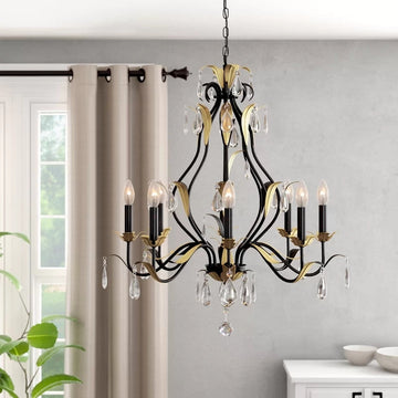 Large European-Style Iron Cascading Candle and Crystal Pendant for Living / Dining Room